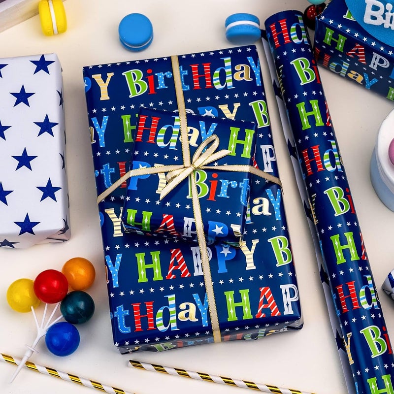 MAYPLUSS Happy Birthday Wrapping Paper Roll - 17 Inch X 16.5 Feet - Metallic Navy Blue Star Birthday Gift Wrapping Paper for Men, Boy, Baby Shower, Holiday - Image 5